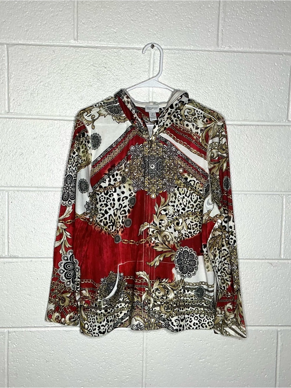 < Chico’s Zenergy Mixed Pattern Zip Jacket With Hood >